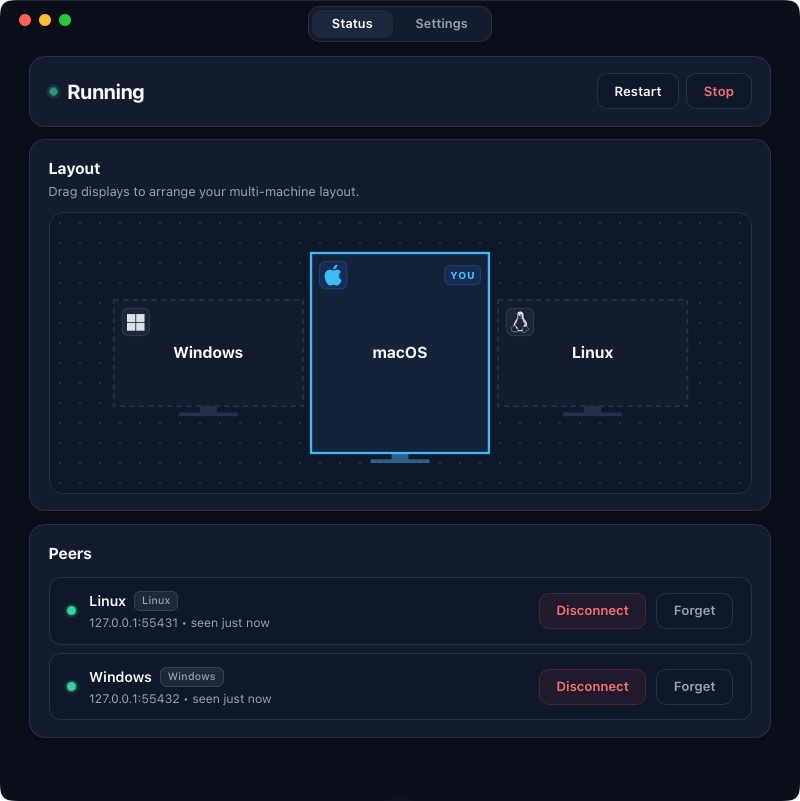 ZeroG Layout Manager showing multi-machine display arrangement and peer management