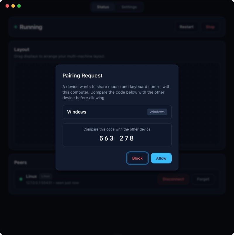 ZeroG Pairing Request dialog showing secure code verification